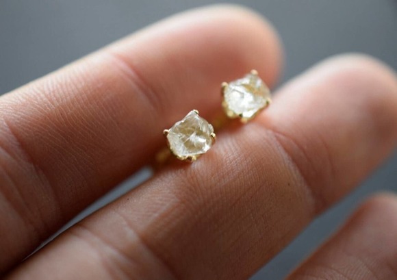 Raw Diamond Earrings, Rough Crystal Studs, Dainty Minimalist Earrings, S… - Picture 7 of 10